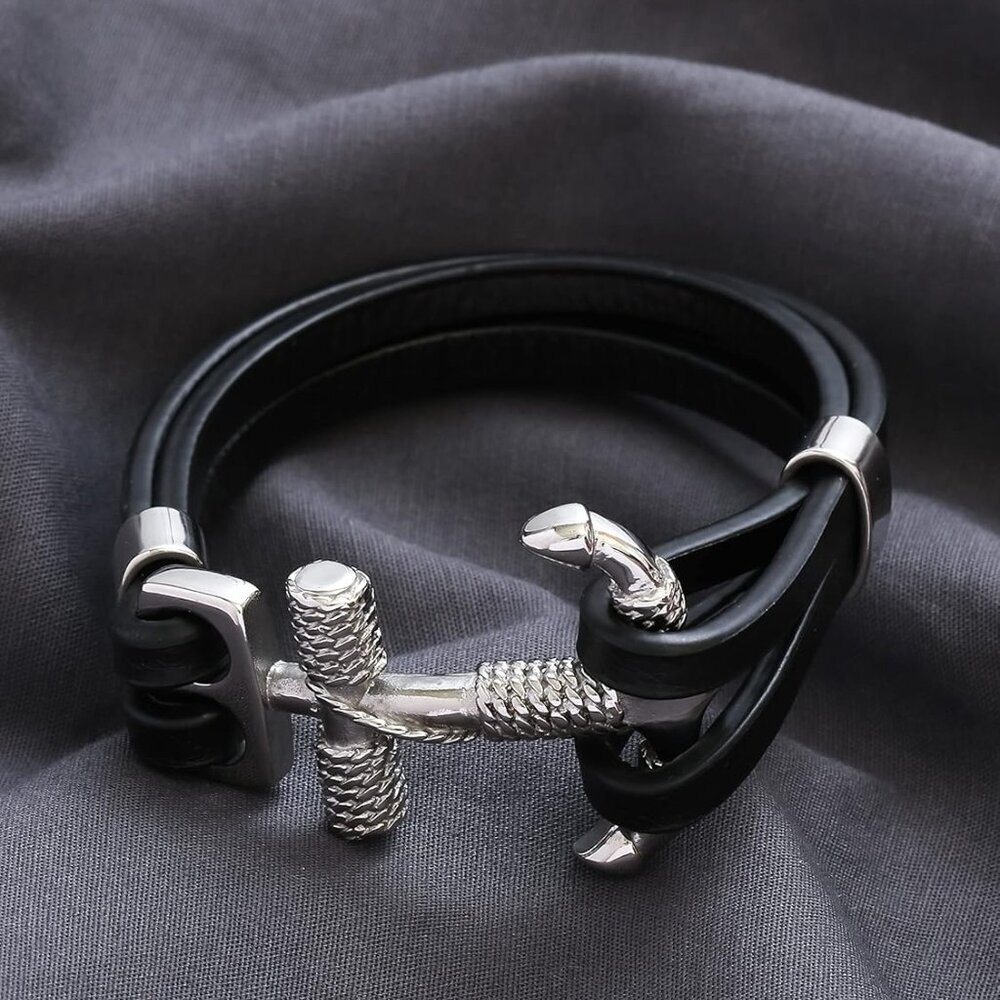 Rope Anchor Black Leather Bracelet for Men AD - Picture 4 of 6